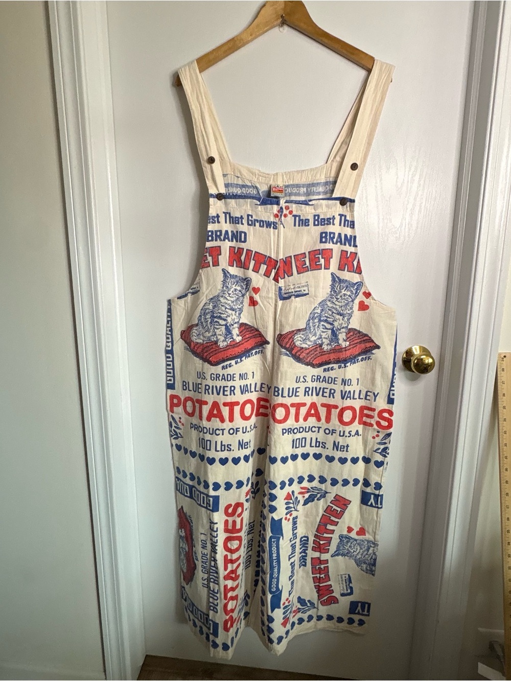 NEW Vintage Sack OS Flour Sack Cotton Wide Overalls Kitten Potato Print Boho